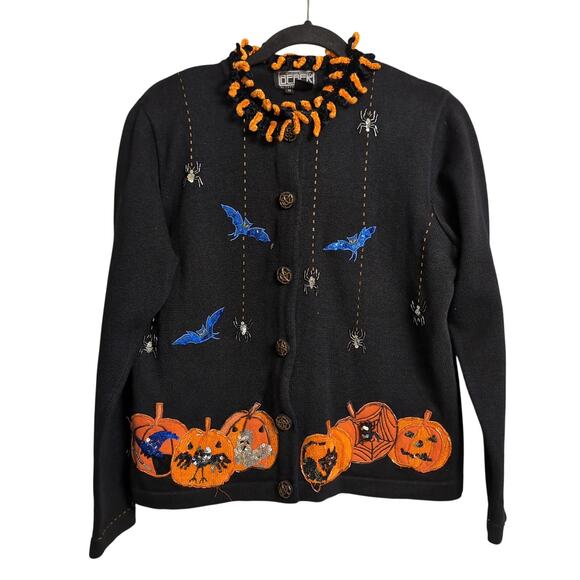 Berek Halloween Cardigan Pumpkins Bats Spiders Spiderweb Buttons Sequins Beads M - Picture 1 of 14